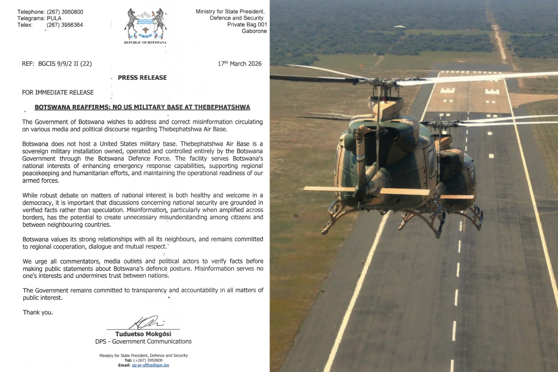 No US Military Base at Thebephatshwa